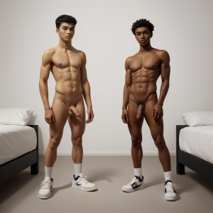 dos hombres de 19 años, desnudos, pene visible, llevan zapatillas Nike blancas, cuerpos juveniles y definidos, piel ligeramente bronceada, ambos de pie lado a lado, fondo minimalista neutro, iluminación suave destacando las formas musculares, mirada directa y actitud relajada, realismo anatómico, sin ropa excepto zapatillas, sin censura, en un dormitorio juvenil
