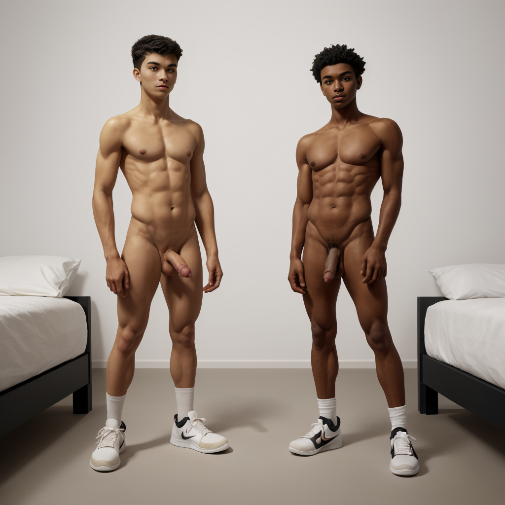 Dos hombres jóvenes posan desnudos de pie en una habitación minimalista, situados entre dos camas individuales con sábanas blancas y estructuras negras. Ambos tienen cuerpos atléticos y muy definidos, con abdominales marcados, pecho musculado, piernas fuertes y el pene visible; llevan únicamente calcetines blancos y zapatillas deportivas blancas con detalles negros. El hombre de la izquierda tiene piel clara, pelo corto oscuro y una postura frontal relajada, mientras que el de la derecha tiene piel oscura, pelo rizado corto y una pose ligeramente ladeada. El fondo es una pared lisa gris clara, con iluminación suave de estudio que resalta la musculatura y crea una escena sobria, simétrica y limpia.
