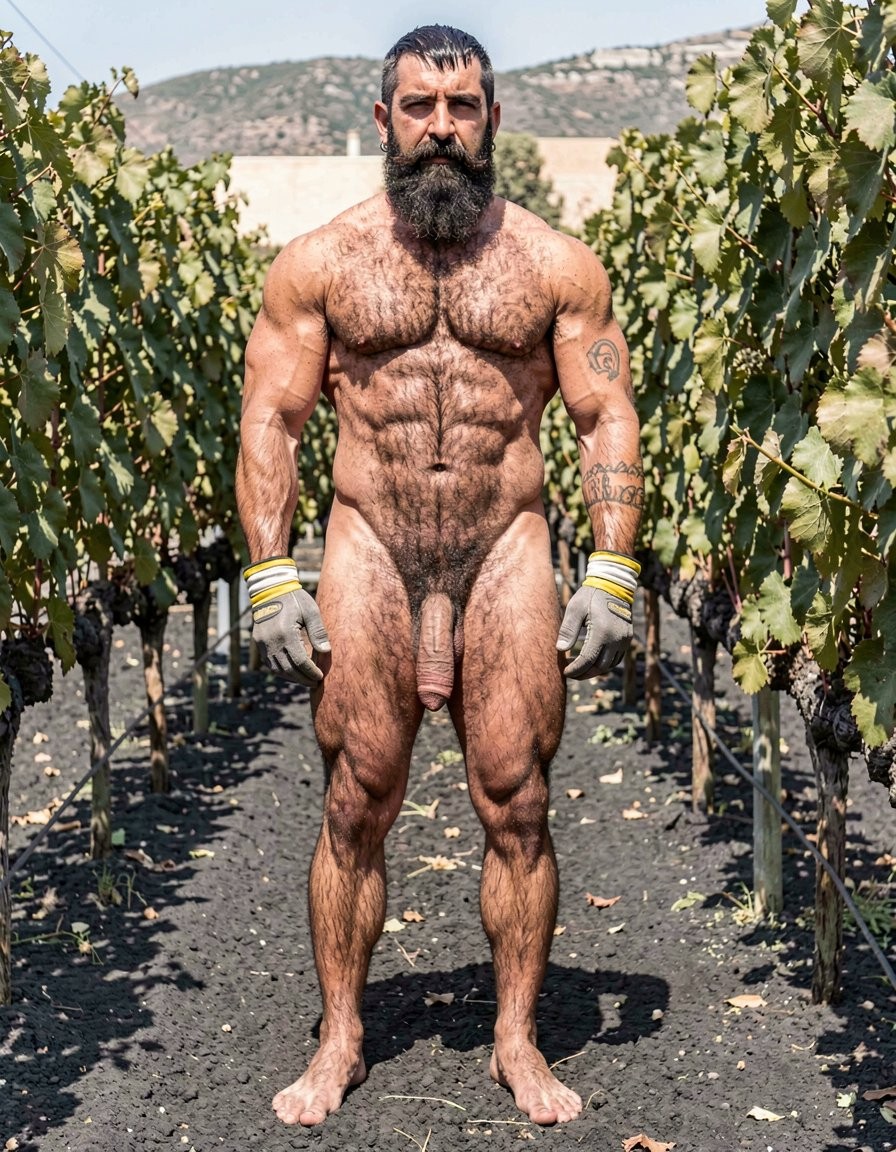 Hombre desnudo de cuerpo entero posando de pie entre hileras de viñedos, con una complexión muy musculosa, torso y abdomen marcados, abundante vello corporal y una barba larga y espesa. Mira directamente al frente con expresión seria, bajo una luz solar intensa que resalta la definición de sus brazos, pecho, piernas y abdomen. Lleva guantes de trabajo grises con franjas amarillas, tiene tatuajes visibles en los brazos y aparece descalzo sobre tierra oscura, con el pene y el vello púbico completamente visibles. A ambos lados crecen parras cargadas de hojas verdes y racimos de uvas, con un paisaje seco y montañoso al fondo que sugiere un entorno agrícola o de vendimia.