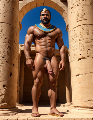 Useref Re desnudo príncipe heredero del faraón Userkaf de la ciudad egipcia Saqqara junto a una puerta falsa de granito rosa. Año -2455 antes de Cristo. Monumental estela de falsa puerta. Está desnudo. Tiene sandalias. Está delgado y musculoso. Tiene mucho vello. Tiene pene enorme. Tiene testículos grandes redondos y largos. Amor a todos los hombres desnudos de penes grandes que hay a su alrededor.