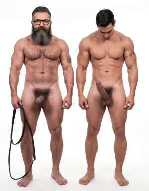 A highly detailed full-body photograph of both men standing completely naked in a bright white photography studio with perfect even lighting. On the left stands Hipsterbarba, the 40-year-old dominant muscle bear master: 180cm tall, 80kg with 8% body fat, powerful athletic physique, massive rounded pecs, defined six-pack, wide shoulders, thick vascular arms, powerful legs, wide V-shaped back, dense dark body hair covering chest, shoulders, abs, thick pubic bush and thighs. High fade undercut haircut, very thick long Bandholz beard reaching almost to his chest, thick curled handlebar mustache with spiral ends, black-rimmed glasses, small tattoo on right arm saying “hipsterbarba”. Thick cock with partial foreskin and visible pink glans, heavy low-hanging balls. He stands in a serious dominant pose, chest out, looking straight at the camera with authority, bare feet planted firmly, holding the detached black leather leash in his left hand.

On the right stands Anil, the 25-year-old extreme bodybuilder slave: 175cm tall, 80kg with 6% body fat in peak competition condition, massive 127cm chest with huge thick pecs, 47cm vascular peaked arms, deep shredded eight-pack, tiny 60cm waist with extreme V-taper, wide flaring lats, high round bubbly 90cm glutes, 70cm massive shredded quads with razor sharp separation. Skin bronzed, paper-thin and shiny, completely smooth and hairless from the neck down. He wears only a thick metal cock ring tightly fastened at the base of his thick veiny cock, stretching the skin slightly. The black leather collar has been removed from his neck and the leash is no longer attached. Large smooth shaved balls hang below the ring. He stands with head bowed and eyes down in a submissive pose.

Both men fully naked head to toe, realistic skin texture, extreme muscle and hair details, professional studio photography