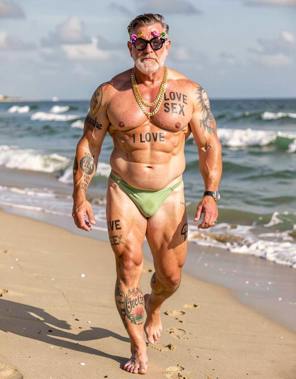 Muscular man walking along the shore of a beach, with the sea and waves in the background under a partly cloudy sky. He is wearing a light green brief-style swimsuit, dark sunglasses with colorful floral decorations, several gold chains around his neck, and a watch on his wrist. His tanned body is covered with visible tattoos on his chest, arms, and legs, including texts such as “LOVE SEX” and “I LOVE” on his torso, as well as decorative designs on his thighs and calves. The scene conveys a flashy and confident style, with wet sand, footprints, sea foam, and a summery coastal atmosphere.