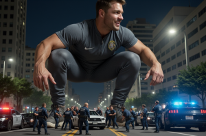 Hiper-realista render, hombre gigante musculoso de 20 años, físico imponente y atlético, vestido con chandal deportivo ajustado y zapatillas Nike de alta calidad, sonriendo con confianza y satisfacción, aplastando a un grupo de hombres diminutos que miden 1cm, policías uniformados con rostros de miedo y desesperación, con sus vehículos y equipo de policía también miniaturizados, en un entorno urbano con edificios y coches a escala normal, iluminación dramática y sombras profundas, texturas detalladas y realistas, foco en la escena de aplastamiento con los policías diminutos intentando escapar, expresiones faciales detalladas y emotivas, ambiente de poder y dominación, renderizado de alta calidad con luces y sombras realistas.