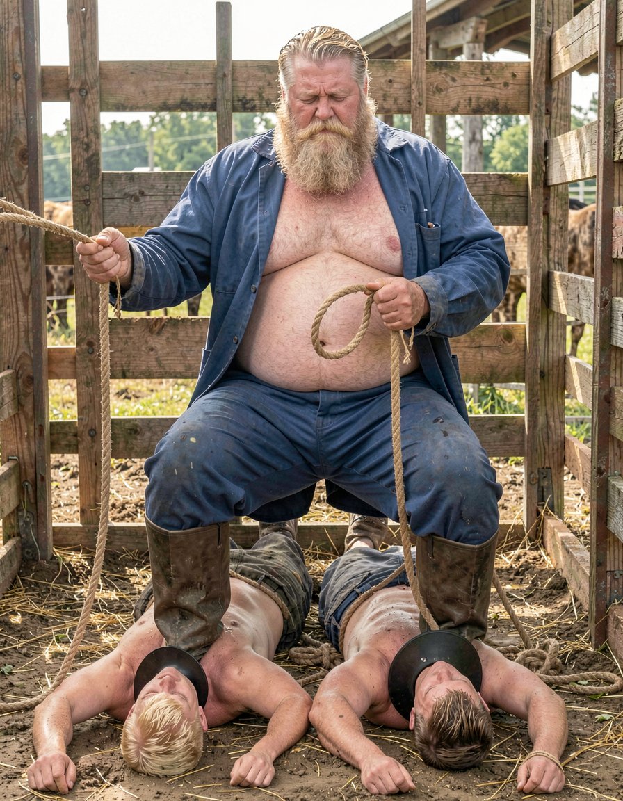 Un hombre maduro de 60 años, con una estatura imponente y un cuerpo enorme, se encuentra en una cuadra de una granja de campo. Su barba está cuidada y bien definida, lo que realza su aspecto varonil. Lleva un mono de trabajo azul abierto, que deja al descubierto su torso musculoso desde el cuello hasta su gran pene duro, que es el centro de atención. Sus brazos fuertes y piernas musculosas están a la vista, y viste un par de botas altas de montar a caballo que le dan un aire de autoridad y dominio. En una de sus manos, sostiene una cuerda para atar ganado, lo que sugiere su conexión con el trabajo en la granja.

A sus pies, hay dos chicos jóvenes desnudos con pelo rubio corto y cuerpos muy delgados. Llevan grandes collares negros alrededor de sus cuellos como mascotas, lo que les da un aspecto de sumisión. Están atados de pies y manos juntas con cuerdas, lo que limita su movilidad y los mantiene en una posición vulnerable. Los chicos están tendidos boca abajo en el suelo, con sus culos húmedos a la vista, lo que sugiere una situación de explotación y control. La escena es intensa y llena de tensión, con el hombre maduro ejerciendo su dominio sobre los dos chicos más jóvenes. La imagen es hiperrealista, con detalles de alta calidad que capturan la textura de la ropa, la piel y el entorno rural.