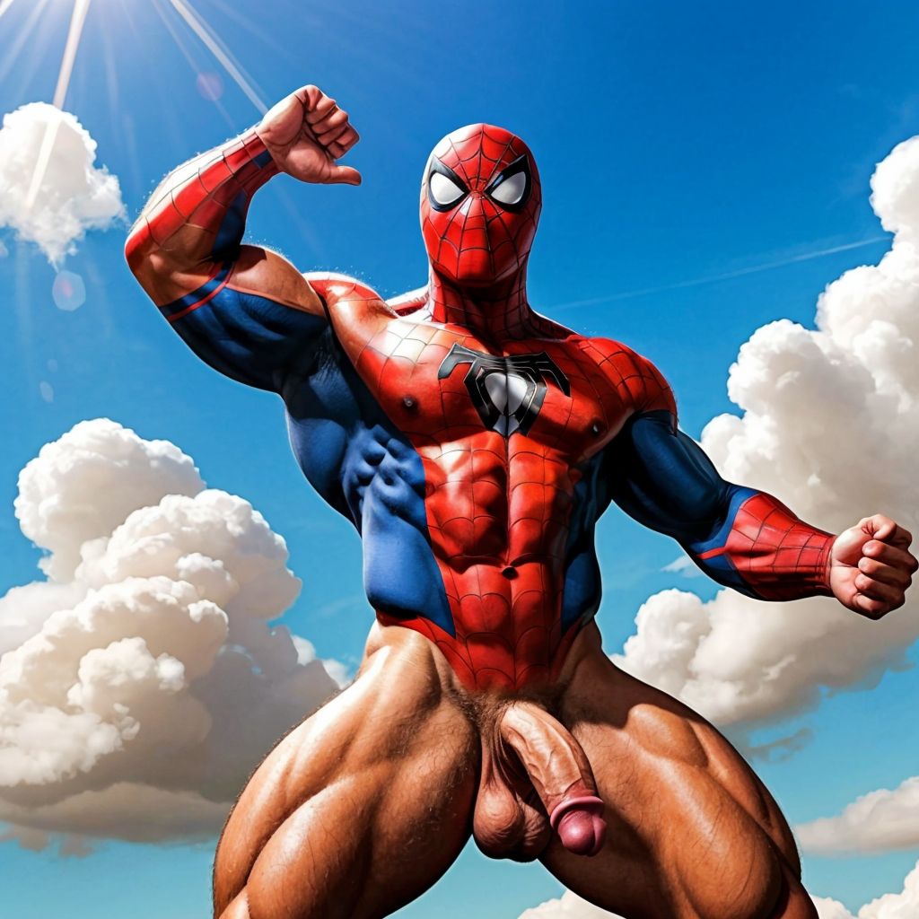 Spiderman velludo musculoso totalmente desnudo volando sobre una nube en el cielo azul. Tiene el pene grande. Tiene los testículos grandes y peludos. Volando. Está feliz. Tiene la piel limpia y húmeda. Tiene ojos verdes y dientes blancos.