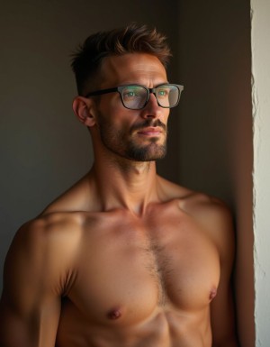 Un hombre de 50 años, con una altura de 165 cm, posee un cuerpo atlético y tonificado, completamente desnudo, mostrando su piel suave y bronceada. Sus ojos expresan una inocencia y pureza, realzados por el uso de lentes que le dan un toque intelectual y sensible. La luz suave y cálida resalta cada curva y músculo de su cuerpo, destacando su juventud y vitalidad. Con una postura relajada y natural, el joven twink parece perdido en sus pensamientos, ajeno a la mirada del observador, mientras su desnudez expone su belleza sin inhibiciones, permitiendo apreciar cada detalle de su anatomía y en su rostro su barba intelectual. La imagen es hiperrealista, con detalles de alta calidad que invitan a explorar cada centímetro de su cuerpo, desde la suave textura de su piel hasta la definición de sus músculos, creando una sensación de intimidad y conexión con el sujeto.