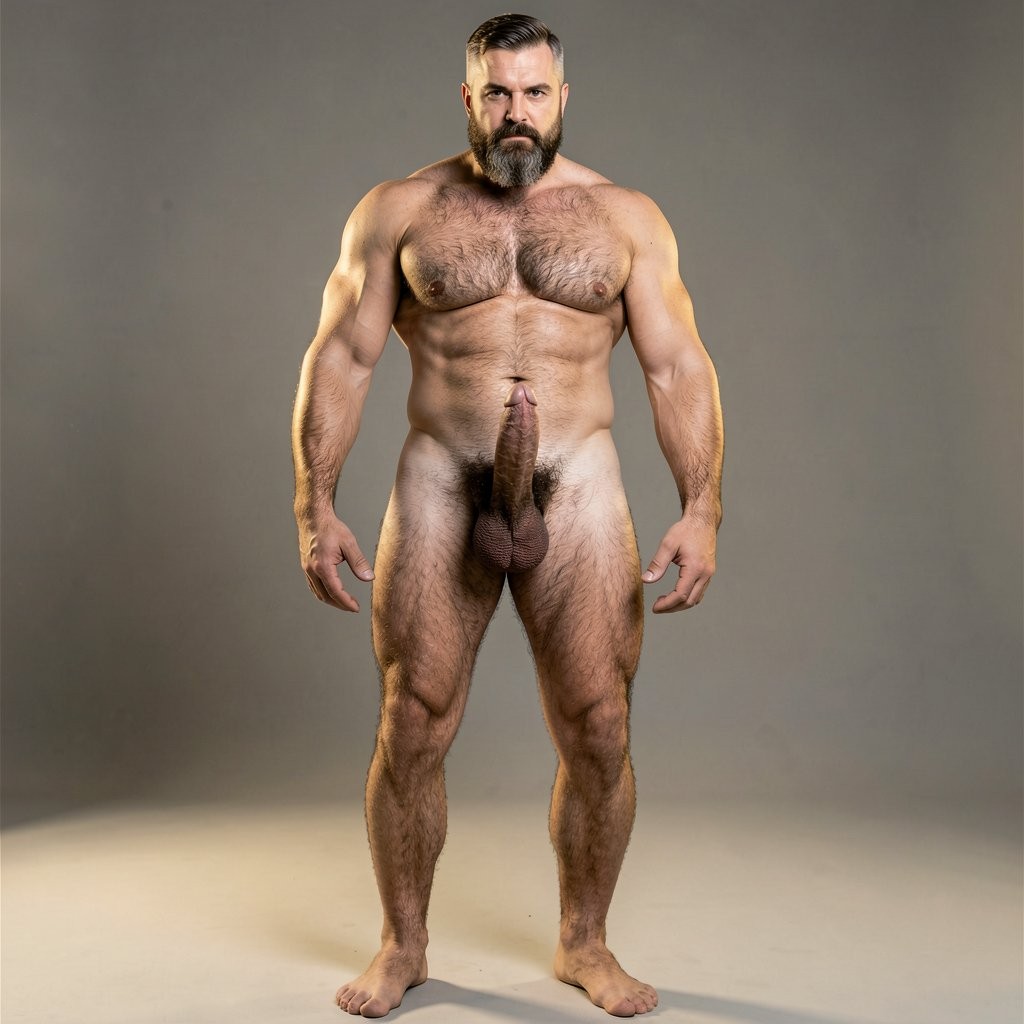 A hyper-realistic full-body portrait of completely naked Pericles at 35 years old standing upright, both arms lowered naturally. His right hand grips his thick 22 cm erect penis with a precise cylindrical hold: the index, middle, ring and pinky fingers curved naturally around the front lower shaft, slightly separated and perfectly conforming to its rounded contour; the thumb positioned on the opposite rear side of the shaft, also curved naturally around the lower perimeter, pressing gently to secure the grip. Realistic finger placement, natural joint flexion, visible veins and detailed skin texture on both the hand and the penis. His left arm hangs relaxed at his side. Distinct elongated onion-shaped skull, short dark brown military-cut hair with grey at the temples, short dense well-groomed beard and thin mustache, stern aristocratic face with intense dark eyes. Muscular athletic body at 8% body fat, defined hairy pectorals, sharp abs with dark treasure trail, dense curly dark pubic bush, heavy low-hanging testicles, powerful veiny legs with dark hair, large masculine feet. Soft diffused golden lighting that gently highlights every muscle, vein, hair and skin texture. Neutral softly blurred ancient Greek background, extremely sharp focus on the body and the exact hand grip, museum-quality anatomical realism, highly detailed and sensual.