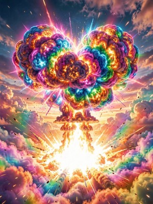 Una enorme explosión con forma de hongo domina el cielo, convertida en una nube multicolor de tonos neón que mezcla rojos, naranjas, amarillos, verdes, azules, violetas y rosas en remolinos densos y luminosos. El núcleo inferior estalla con una luz blanca cegadora, irradiando rayos, chispas y fragmentos hacia todas direcciones, mientras una columna ardiente asciende hasta sostener la masa de humo brillante. Alrededor, las nubes del atardecer reflejan colores intensos y crean una escena apocalíptica, surrealista y espectacular, con estética de arte digital, fantasía cósmica, energía nuclear, caos, fuego, humo y luz explosiva.