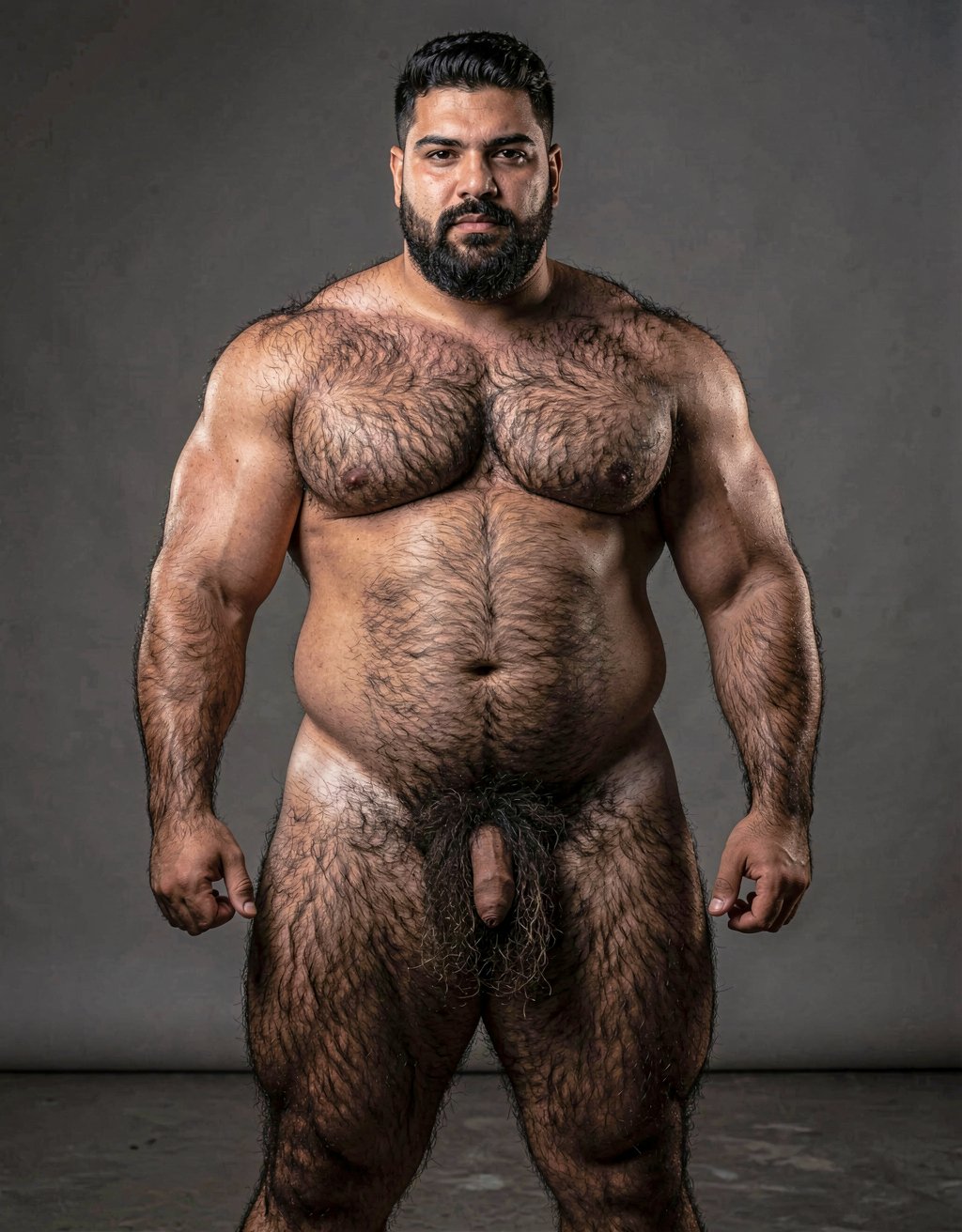 A hyper-realistic full-body portrait of a confident, muscular fat man with Arabic features, thick dense dark body fur covering his chest, arms, belly, and legs, standing powerfully with a strong, dominant expression, directly facing the camera and proudly displaying his large hairy physique. Thick unruly pubic hair partially obscures his very small penis, creating a striking contrast between his imposing hairy bulk and diminutive manhood. Dramatic cinematic lighting, rich skin and fur textures, subtle shadows accentuating muscle definition and body hair, ultra-detailed, photorealistic, 8k quality.