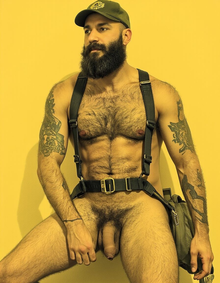 Dibujo realista. Amo barbudo tatuado e hiper masculino, muy musculoso pero muy delgado, con arnés. Tiene un gran pene eyaculando. Lleva gorra militar y unos anillos en los pezones, Un esclavo de rodillas. Respeta la forma y la proporción del cuerpo y se fiel a la forma real sin distorsiones. Fondo amarillo oscuro con los reflejos de las sombras de los cuerpos del amo y el esclavo.