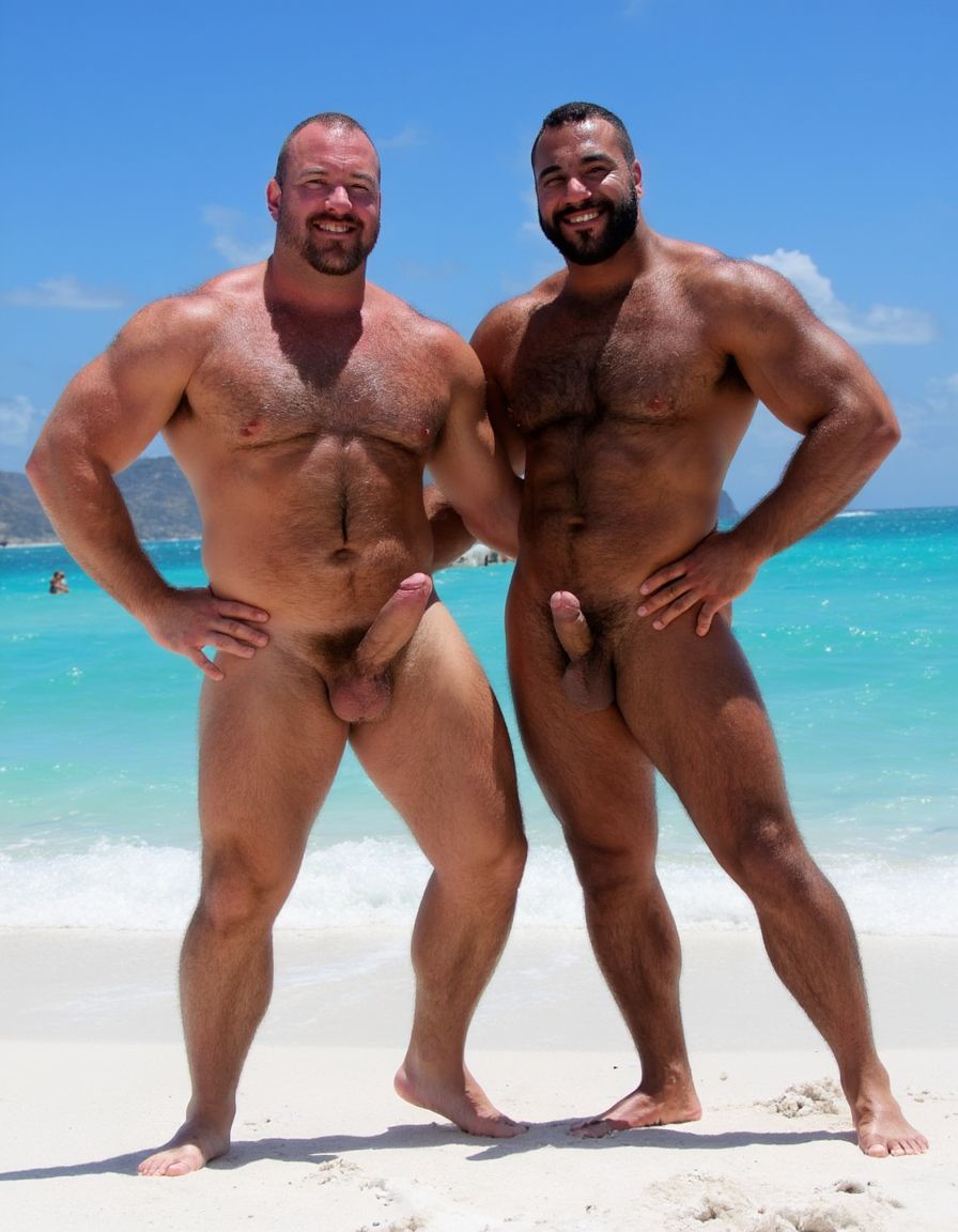 Rodrigo y Maximiliano son dos hombres culturistas de competición posando juntos en una playa de arena blanca con mar turquesa cristalino de fondo y cielo azul despejado, ambos descalzos sobre la arena, sonriendo a cámara con complicidad, postura relajada con las caderas pegadas y manos en la cintura.

Rodrigo es un hombre que está a la izquierda: caucásico de 35 años, cabeza completamente rapada y afeitada brillante por el sol, rostro cuadrado con mandíbula ancha, sonrisa amplia mostrando dientes blancos, cejas finas oscuras, ojos oscuros, piel bronceada aceitosa con brillo uniforme, cuello grueso de toro con trapecios enormes subiendo hasta las orejas, deltoides redondos y estriados como bolas de cañón con separación clara de las tres cabezas, pectorales masivos gruesos y cuadrados con estriaciones visibles en la parte inferior y surco profundo entre ambos, pezones pequeños apuntando hacia abajo por el volumen del pectoral, brazos enormes con bíceps con pico pronunciado y vena cefálica gruesa visible, tríceps con herradura marcada, antebrazos gruesos vascularizados, abdominales de seis bloques marcados con separaciones profundas, oblicuos definidos, serratos visibles, dorsales anchos que sobresalen por detrás dándole forma de V pronunciada, completamente desnudo de cintura para abajo, polla erecta de treinta y seis centímetros de longitud y ocho coma cinco centímetros de diámetro apuntando hacia arriba y ligeramente a la derecha, tronco grueso y venoso con venas retorcidas recorriéndolo desde la base hasta el glande, glande grande rosado hinchado y brillante completamente expuesto, testículos enormes gordos y pesados colgando bajos en un escroto relajado por el calor oscurecido por el bronceado, pubis recortado corto, muslos masivos con cuádriceps con forma de lágrima y separaciones marcadas, gemelos gruesos con forma de diamante, pies grandes sobre la arena.

Maximiliano es un hombre que está a la derecha: negro de piel oscura de 45 años, cabeza rapada al cero, rostro angular con pómulos altos y marcados, mandíbula cuadrada y definida, sonrisa confiada mostrando dientes blancos, ojos oscuros intensos, piel negra brillante y aceitada que resalta cada definición muscular con reflejos del sol, cuello grueso con trapecios altos, deltoides estriados enormes y redondos con venas cruzándolos, pectorales cuadrados duros y estriados con pezones oscuros pequeños, separación brutal entre ambos pectorales, brazos fibrosos masivos con bíceps vascularizados y venas gruesas serpenteando por todo el brazo, tríceps estriados con las tres cabezas visibles, antebrazos secos con cada tendón marcado, abdominales de ocho bloques profundamente tallados con piel fina pegada al músculo mostrando cada fibra, oblicuos cortados como cuchillas, serratos marcados individualmente, dorsales anchos y gruesos, completamente desnudo de cintura para abajo, polla erecta de treinta y seis centímetros de longitud y ocho coma cinco centímetros de diámetro con tronco oscuro grueso y pesado cubierto de venas hinchadas prominentes, glande enorme oscuro casi negro brillante de líquido preseminal, prepucio retraído por completo, testículos enormes gordos y llenos colgando pesados y bajos en un escroto oscuro arrugado y relajado, pubis con vello negro corto y rizado, muslos enormes fibrosos con cuádriceps estriados y femorales como cuerdas de acero, gemelos definidos y duros, pies descalzos sobre la arena blanca.

Iluminación natural directa del sol cenital con reflejos en la piel aceitada de Rodrigo y Maximiliano, sombras cortas en la arena, alta resolución fotográfica hiperrealista, textura de piel con poros visibles, gotas de sudor y aceite, calidad de fotografía profesional editorial deportiva, plano frontal de cuerpo entero.