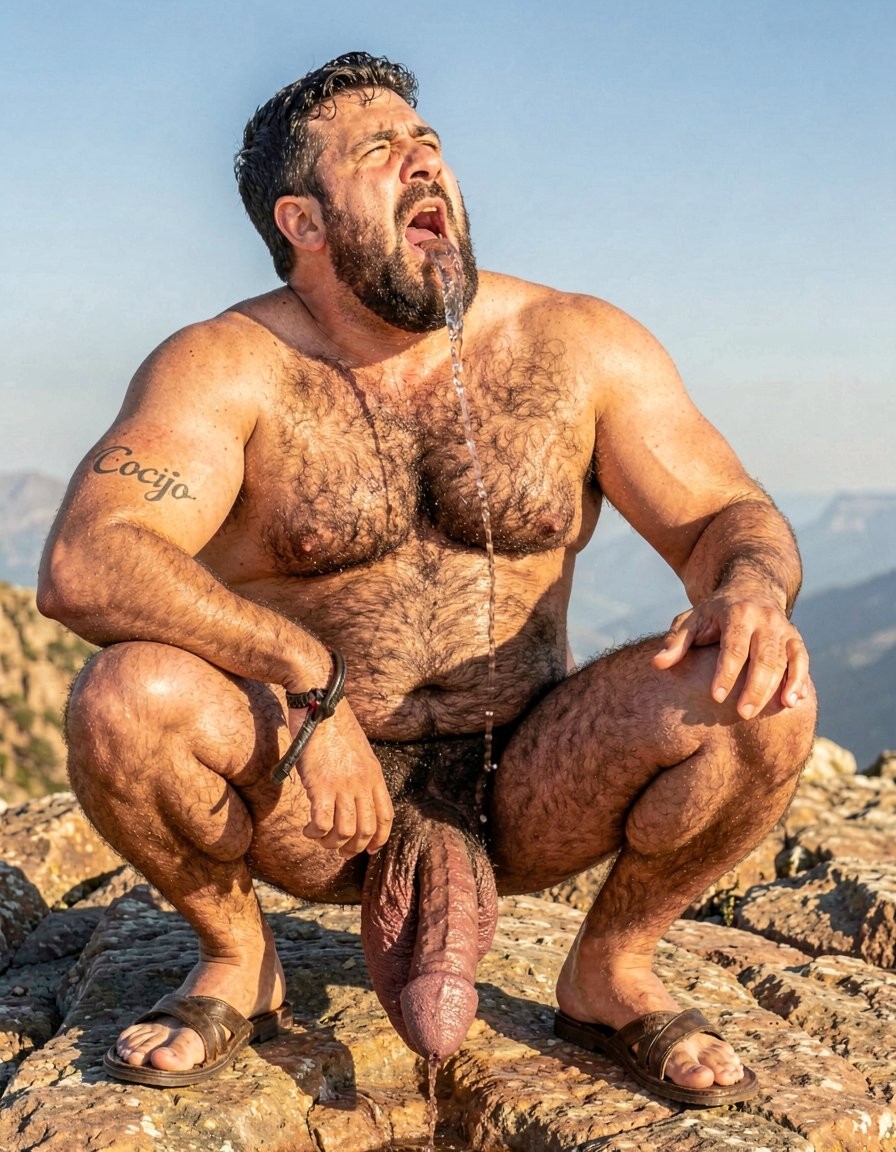 Hyper-realistic cinematic full-body photograph with perfect anatomy and zero distortion, taken under the brutal midday sun on the rocky summit of Cerro La Cantera, San Pablo Huitzo, Oaxaca, year 600 AD. The 26-year-old hyper-masculine, extremely hairy Zapotec warrior Cocijo is squatting low between the legs of Gayon Von Neumann, completely naked except for worn leather sandals. His massive sweaty body is covered in dense black hair across his chest, shoulders, arms, abs and thick thighs. Small elegant black tattoo “Cocijo” anatomically adapted to the curve of his right bicep. His own enormous 35 cm cock is brutally swollen, dark purple, heavily veined and throbbing hard, trapped at the base by a tight black leather cock and ball ring that forces his heavy balls upward; thick ropes of precum drip continuously from the swollen tip onto the hot rock. Cocijo has his mouth stretched wide, lips tight around Gayon’s thick cock, sucking it deeply and hungrily with powerful, wet strokes. His cheeks are hollowed from the strong suction, eyes looking up submissively at Gayon’s face of pure pleasure while he keeps bobbing his head, taking more of the shaft with each movement. Harsh golden sunlight creates dramatic highlights on sweat, dense body hair, saliva dripping down the shaft and thick precum. Raw, dominant male energy and total sexual submission, photorealistic detail, perfect proportions, no deformation.