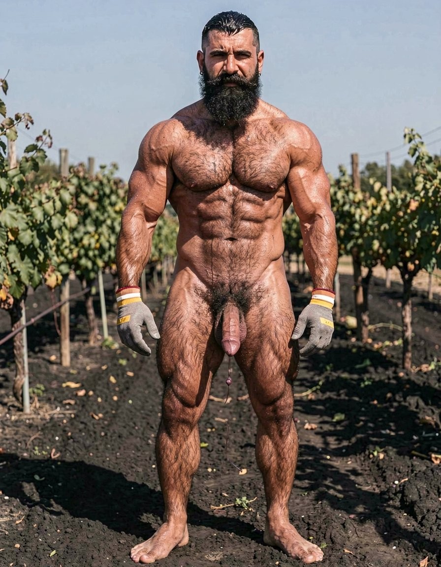A hyper-realistic full-body vertical photograph taken in harsh midday Santorini sunlight over black volcanic soil between rows of Assyrtiko vines. Dimitris, 32, stands completely naked except for grey work gloves with yellow and white stripes, feet planted wide apart on the dark earth, toes gripping the soil. Shot from a low frontal angle so every inch from his big dirty feet to the top of his head is visible without cropping. His body is at 5% body fat, extremely muscular competition physique: huge veiny traps and shoulders, massive hairy pecs, eight-pack abs partially covered by dense black curly body hair that runs from his neck all the way down to his toes. Extremely thick black pubic bush, massive thick veiny Greek cock rock-hard and pointing upward almost touching his abs, swollen purple glans shiny with precum, a long clear drop hanging from the slit. Heavy low-hanging hairy balls. Thick black hair covers his powerful thighs, calves and feet. His face is pure predator: long thick connected black beard and mustache, short jet-black hair with shaved sides, dark intense eyes looking straight at the viewer, small silver earring in left ear. Skin deeply tanned and covered in sweat that makes the dense body hair glisten. Every muscle, every strand of wet black hair, every vein is razor sharp under the direct Mediterranean sun. Maximum photorealistic detail, vertical composition showing the entire body head to toe with no cropping.