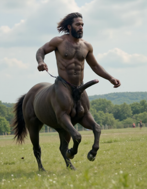 Caballo negro totalmente desnudo cuerpo entero con polla erecta gigante a la vista y huevos gordos a la vista colgando d la base de su polla 🫏, (solo tiene cuatro patas, no distorsión) es un macho viril. Tiene cabeza de hombre con torso peludo musculado y brazos peludos musculosos. Es un centauro masculino. Pelo largo despeinado y movido por el aire. Está corriendo sobre la hierva del prado.