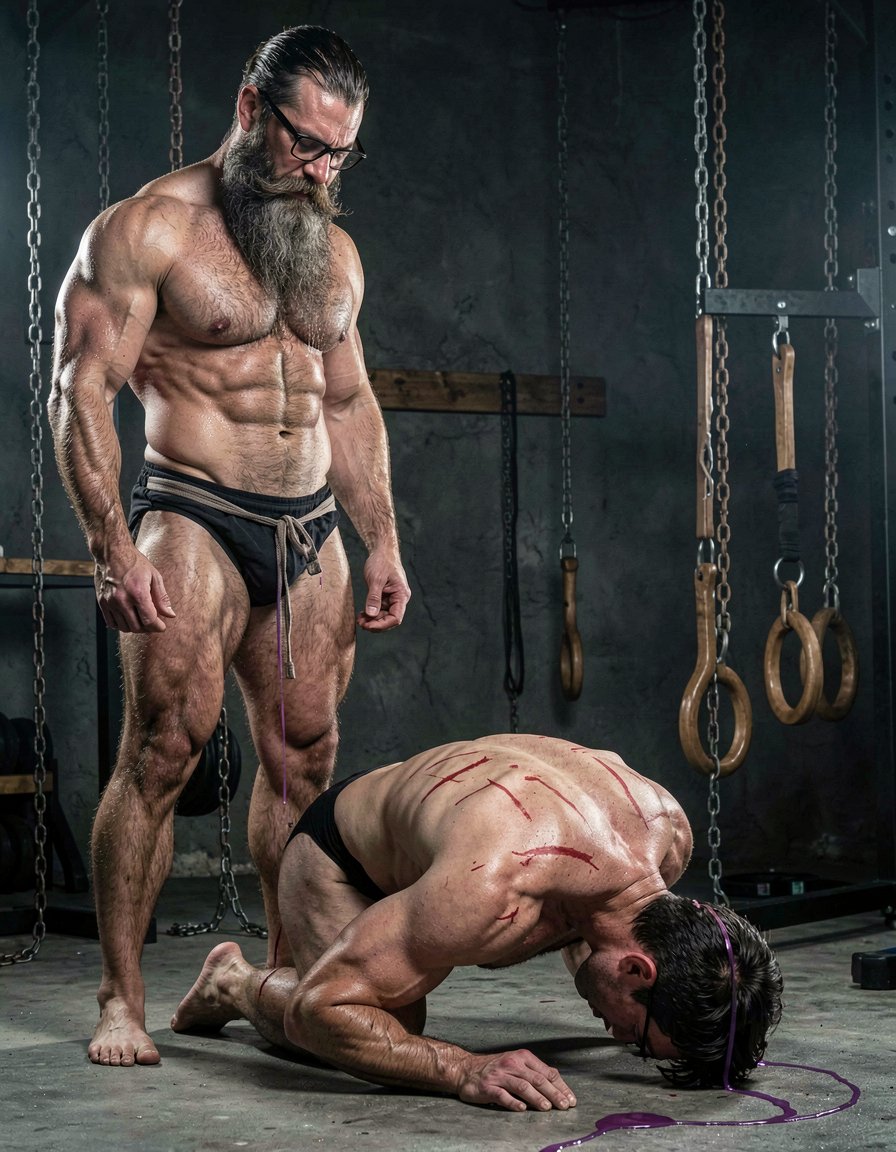 Hyperrealistic cinematic full-body photograph from a strict side lateral view inside the dark brutal dungeon gym. Dramatic side lighting with strong contrast, deep shadows and visible sweat on skin. Both men are completely naked.

Hipsterbarba stands tall and dominant on the left side of the frame, 40 years old, 180cm, 80kg, 8% body fat, powerful muscle bear physique. Dense dark body hair covers your thick pecs, shoulders, abs and thighs. Long thick Bandholz beard reaching almost to your chest, curled handlebar mustache, black glasses, looking down with a satisfied and superior expression. Your hips are pressed forward, your thick cock completely buried to the root inside Anil, only your heavy hairy balls visible pressed tight against him.

Anil is positioned on all fours in the center like an animal, 25 years old, extreme bodybuilder slave, 175cm, 80kg, 6% body fat, completely smooth tanned skin from the neck down. Massive 127cm chest hanging low, carved eight-pack visibly contracted, extremely wide V-taper back covered in fresh red whip marks. His round 90cm glutes are pushed high and back, perfectly showing the deep penetration from the side: your thick cock stretching his pink asshole wide open. The tight metal cock ring squeezes the base of his swollen purple cock, which hangs down dripping a long continuous string of precum onto the concrete floor. His forehead is pressed against the cold floor, back arched deeply, body trembling with every small movement.

The concrete floor, hanging chains, wooden stocks and BDSM equipment can be seen in the dark background. Extreme photorealistic detail, perfect side profile of both bodies, visible stretch and depth of penetration, sweat, red lash marks and raw intensity.