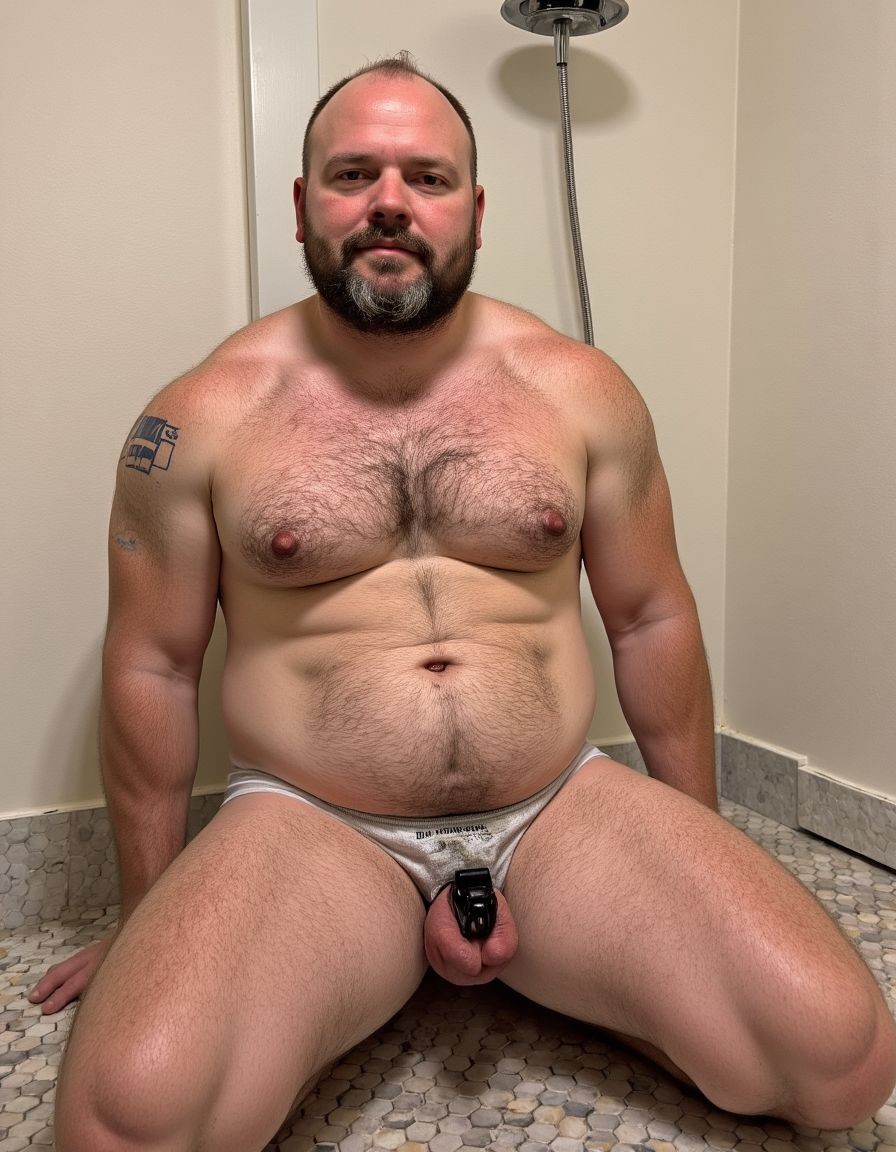 Stocky, bare-chested man sitting on the floor of a shower, with his legs open and his hands resting at his sides on a stone mosaic floor. He has a dark beard with graying areas, very short receding hair, a neutral expression, and a direct gaze at the camera. His chest and abdomen show abundant body hair, visible nipples, broad shoulders, and a tattoo on the upper part of his left arm. He is wearing very low gray underwear that leaves the pubic area and penis exposed, held by a black chastity-cage-type device. The setting is a simple bathroom with beige walls, gray tile baseboard, and a visible metal shower behind him.