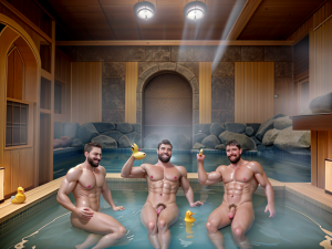 Chicos hetero haciendo el tonto metidos en la piscina de la sección masculina del  hamán Medina Mayrit de Madrid. Están totalmente desnudos bromeando. 