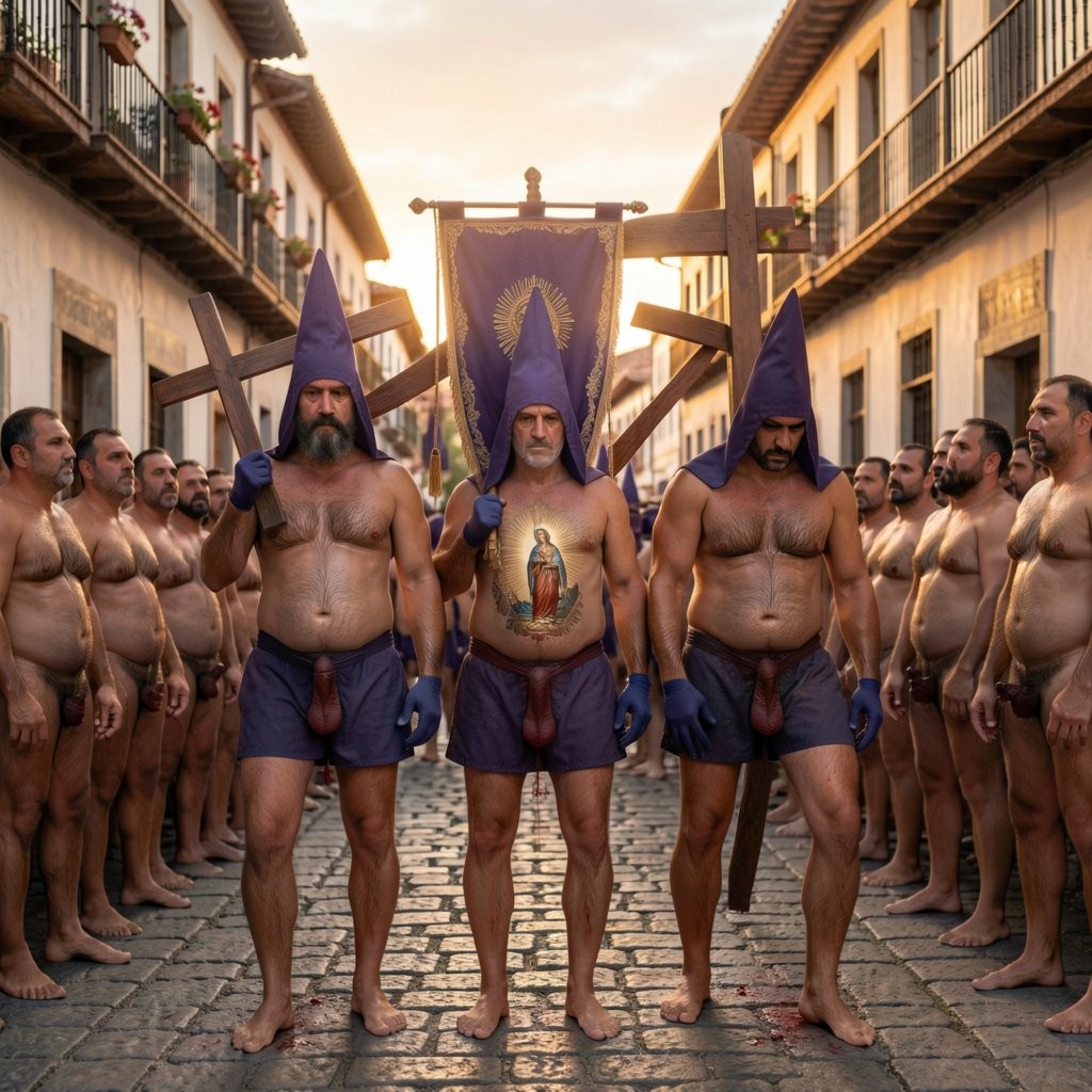 Epic wide cinematic shot of three extremely muscular penitent men with 6% body fat in majestic Holy Week procession on narrow Spanish cobblestone street at golden sunset. First man very hairy with large hairy cock hanging to mid-thigh carrying wooden cross on right shoulder. Second man smooth skin with massively enormous thick cock hanging prominently holding high ornate purple banner with golden Christ image. Third tallest man bent under weight of giant cross over 2.5 meters tall dragging on ground extending above his hooded head, long cock hanging exposed, tears visible. All three wearing tall pointed purple capirote hoods and purple gloves, short purple tunics ending at waist, completely naked from waist down with cocks balls thighs and legs fully exposed, barefoot and bleeding on stones. Surrounded by hundreds of extremely muscular naked hairy men with thick body hair watching reverently, cocks exposed. Spanish colonial buildings, balconies with flowers, dramatic golden light, majestic solemn atmosphere, photorealistic, 8K quality, Spanish penitence procession