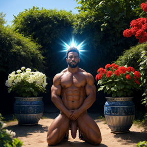 Dos hombres machos musculosos desnudos delgados muy viriles con pene grande y testículos grandes y peludos ⛓️ 🌞 🏞️, desnudos y peludos, con penes grandes y testículos prominentes, lucen sandalias verdes y muestran sus penes erectos con orgullo. Están agachados, doblan el brazo derecho, exhibiendo sus bíceps definidos. Tienen aros luminosos blancos que rodean sus cabezas, son santos, rodeados de macetas con geranios en un entorno soleado y natural. Tienen aros luminosos de color blanco azulado rodeando sus cabezas. Miran al cielo rezando a Dios. Están rezando, están agachados.