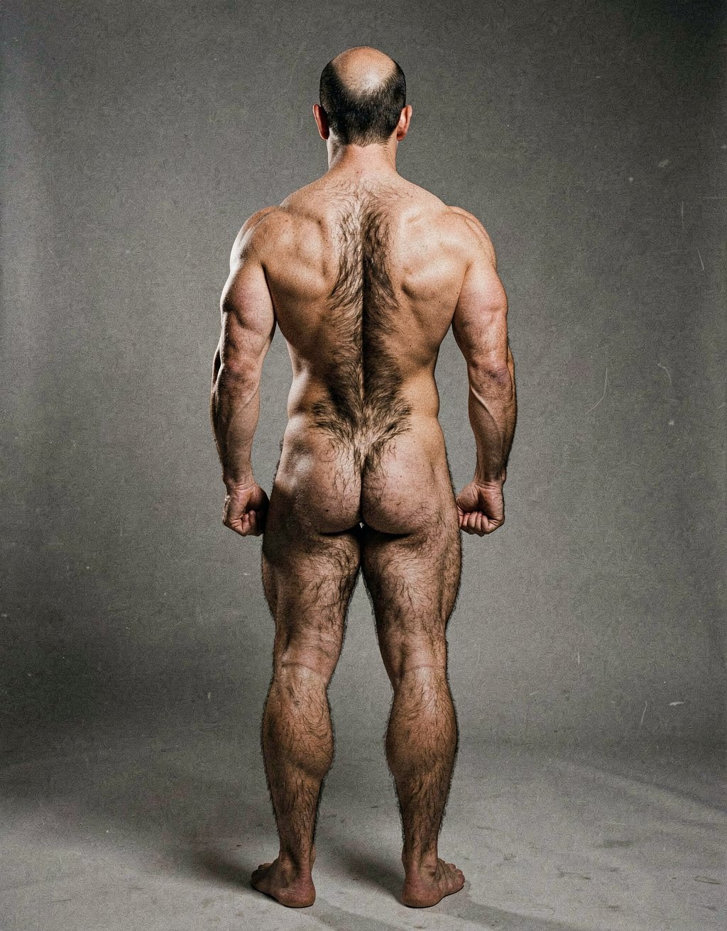 Mike Morris, a 32-year-old extremely lean Caucasian male at only 8% body fat, stands completely naked in a strict military attention pose seen from directly behind in a full posterior view. His back is perfectly straight, shoulders pulled back, arms rigid at his sides with fists clenched, legs straight and together, head held high. The shot captures him from the heels of his feet all the way up to the top of his bald head. His advanced Norwood III-IV baldness is clearly visible from behind, with a smooth tanned scalp on the crown and short dense dark brown hair only on the sides and lower back of the head. His back is highly defined and vascular: wide lats tapering dramatically to a very narrow, tight waist, thick trapezius muscles, and dense dark brown body hair lightly covering the shoulders and becoming much thicker and denser across the lower back and lumbar area, especially between the lats. His ass is tight, muscular and round with almost no fat, the glutes clearly separated. Thick dark hair continues down onto his powerful diamond-shaped calves and the backs of his slightly hairy feet. Dramatic directional studio lighting from above and slightly to the side creates strong highlights on his dry, shredded skin and deep shadows that accentuate every muscle fiber, the texture of his dense back hair, and the extreme vascularity and definition of his 8% body fat physique. Photorealistic, high-contrast, masculine 1970s Colt Studio aesthetic, grainy film texture, commanding and powerful presence.