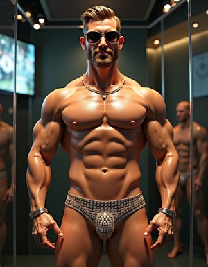 Recreame un ANDROIDE prostituto musculoso chapero deluxe en tanga de lujo con piedras preciosas y diamantes de lujo, embadurnado de aceite, que se le vea muy guapo con gafas de sol deluxe y gran sonrisa con dientes blancos perfectos. EXPUESTO DENTRO DE UNA VITRINA MOSTRANDOSE PROVOCATIVAMENTE. HA SIDO CREADO PARA ESTAR EXPUESTO EN UNA VITRINA ANTE CIENTOS DE HOMBRES.