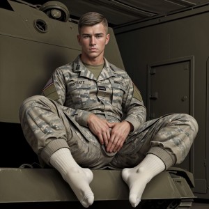 Hombre joven y guapo, militar, en calcetines, con mirada dominante, fetichista de pies, mostrando pies masculinos, con un ambiente de control y sumisión, ropa militar ajustada, cabello corto y estilo autoritario.