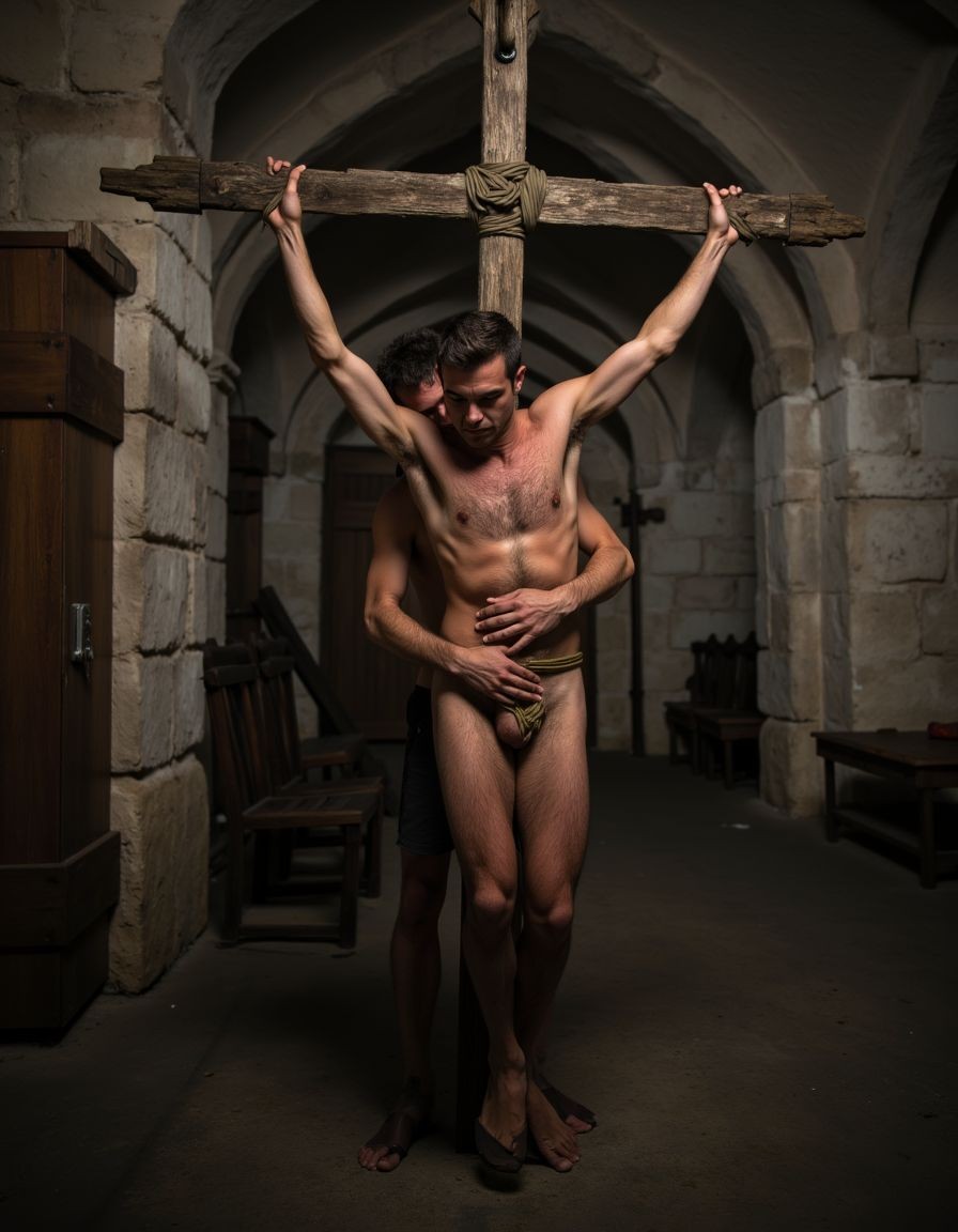 A naked man except for a small loincloth or dark cloth appears standing in a medieval-looking stone corridor, with his arms extended upward and tied to a heavy horizontal wooden beam, forming a crucifixion or punishment pose. His muscular torso, chest hair, bare legs, and tense expression convey vulnerability and submission. Behind him, another partially hidden person wraps their arms around his abdomen and hip, creating an intimate, physical scene charged with tension. The dark setting, with stone arches, rustic furniture, benches, and dramatic lighting from above, reinforces an atmosphere of dungeon, confinement, ritual, and domination.