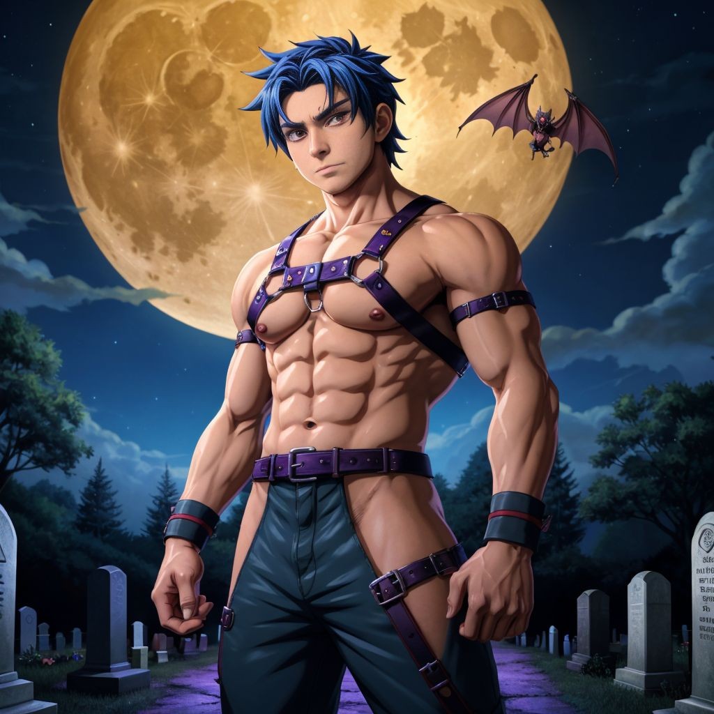 Hombre con arnes, de noche en un cementerio, luna llena y murcielagos