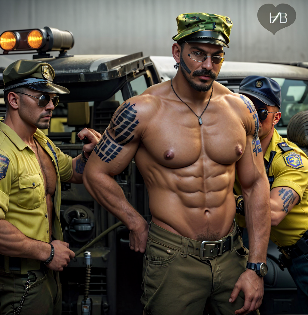 Capo de un cartel es arrestado y obligado a descamisarse, es musculado, latino, con gafas y gorra de camuflaje, muy tatuado, va a ser esposado por varios policías, se ve la comisaría y los coches al fondo 