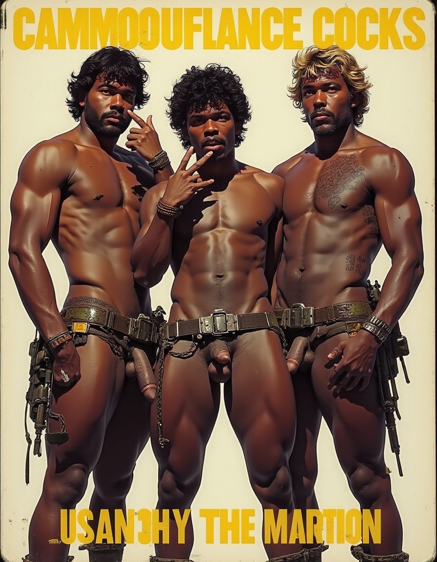 Imagen hiperralista. Carátula de una cinta vhs de los años 80, en ella se ve tres hombres musculosos morenos con barba y pezones marcados,  totalmetne desnudos, solo llevan cartucheras, ristras de balas  en el cuerpo y rifles en la mano, el título de la película es Cammouflage Cocks. Los hombres estñán en pose sexual, uno se toca los testítulos y otro se chupa los dedos