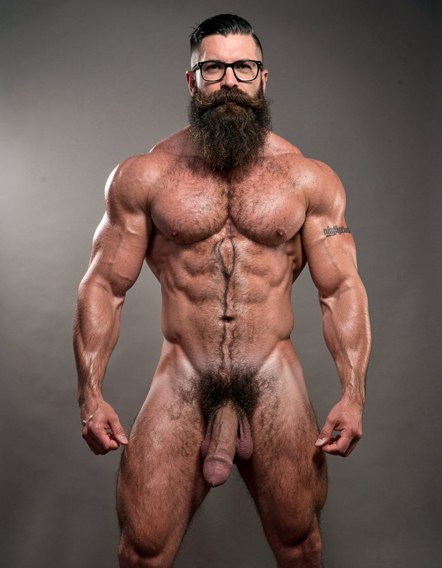 A highly detailed full-body nude photograph of a 40-year-old dominant muscle bear named Hipsterbarba, standing confidently in a well-lit studio with dramatic lighting that accentuates every muscle. He is 180cm tall, 80kg with 8% body fat, extremely muscular and symmetrical. Massive rounded hairy pecs with clear separation and dark pointed nipples, shredded six-pack abs with deep cuts and visible obliques forming a strong V-taper, wide shoulders, vascular arms, huge quads and defined legs. Very dense black masculine body hair covering his chest, running down in a thick treasure trail to a very bushy dark pubic area. He has a perfectly groomed long Bandholz beard that reaches mid-chest, thick mustache with curled upward spiral ends, modern high fade undercut hairstyle, black hipster glasses, and a small tattoo on his right bicep that reads 