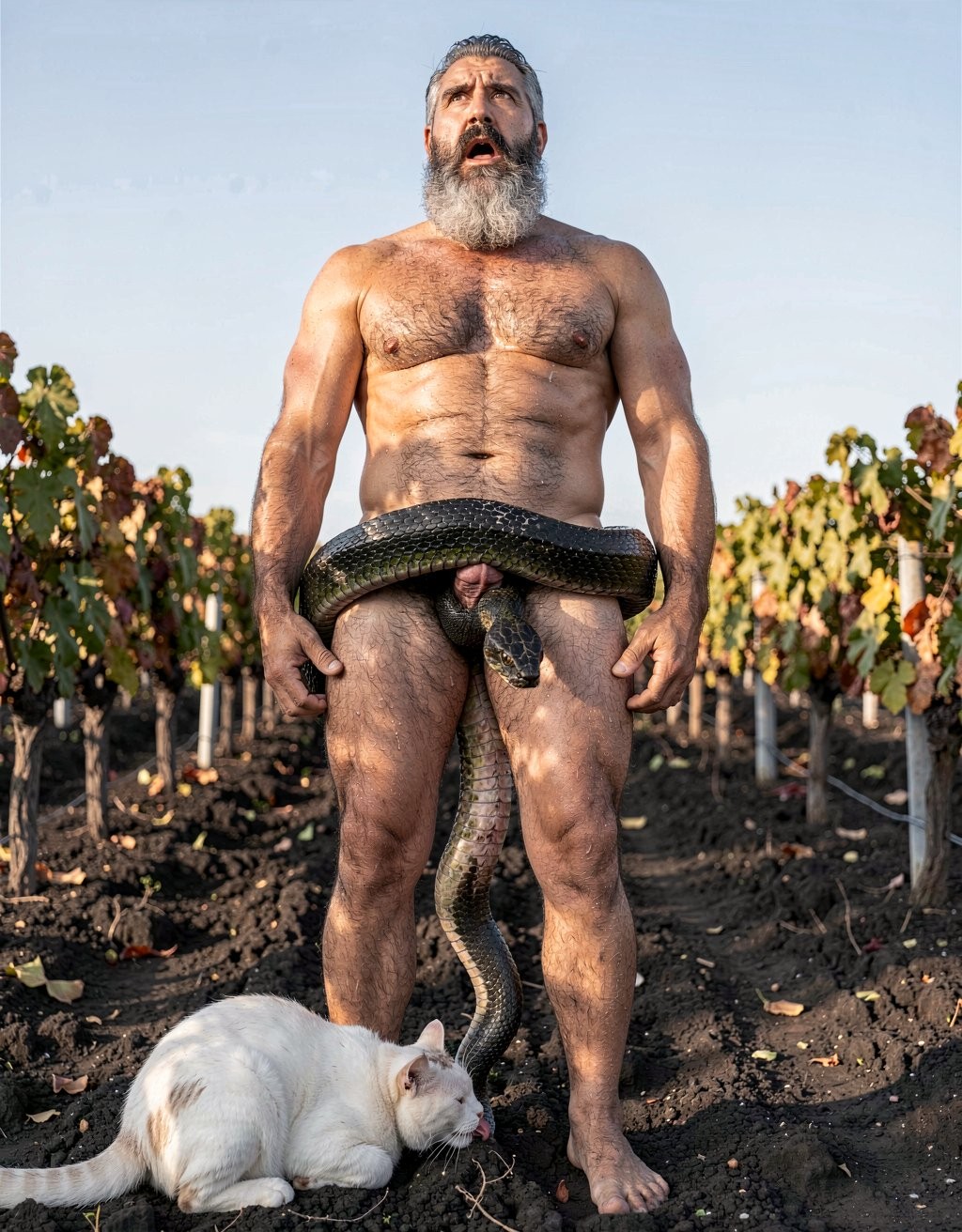 A raw, extremely photorealistic full-body vertical photograph taken on location with Canon EOS R5, 85mm f/1.4 lens at f/2, natural golden-hour Mediterranean sunlight hitting the scene in an Assyrtiko vineyard on Santorini. Dimitris, 35-year-old powerfully built Greek man with completely authentic mature muscle, real skin imperfections, visible pores and natural body hair, stands totally naked with his bare feet planted wide on dark volcanic soil. Shot from a low three-quarter rear angle that perfectly frames his massive muscular back, thick rounded shoulders, narrow waist and round, densely hairy glutes. His head is turned over his left shoulder, thick black beard with natural silver strands visible in profile, mouth slack and genuinely open in shock, eyes wide and unfocused as he stares straight up at the sky with a raw, unfiltered expression of surprise, discomfort and intense bodily sensation. A large, completely realistic python with glossy black scales and subtle emerald reflections has forced its broad head and a thick muscular section of its body deep into his hairy anus. The sphincter is stretched to its absolute physical limit around the snake’s thick torso, pink inner rim visibly gripping with authentic redness, natural swelling, visible tension, every tiny wrinkle, dark anal hair and involuntary muscular spasm captured with clinical, documentary clarity. Thick beads of real sweat trickle down his crack, mixing with natural lubrication as the snake slowly and powerfully pushes further inside with visible contractions. At his feet, a real white domestic cat with slightly dirty soft fur sits calmly on the volcanic earth and licks the toes and sole of Dimitris’ right foot with slow, wet, deliberate strokes of its small pink tongue, leaving visible saliva trails on the skin and between the toes. True sunlight creates authentic specular highlights on wet skin, glossy scales, the stretched anal tissue, individual body hairs, sweat droplets and the cat’s fur, with deep natural shadows and shallow depth of field that keeps razor-sharp focus on the penetration, the stretched hole and the cat’s tongue while softly blurring the distant vines. Obsessive photographic realism: visible skin pores, real skin texture and imperfections, individual hairs, natural muscle striations, realistic scale patterns, authentic physical reaction of the stretched anus, wet saliva, dust particles on the cat’s paws and fur, pure unembellished documentary precision as if taken by a professional photographer standing right there on location, zero artistic stylization whatsoever.