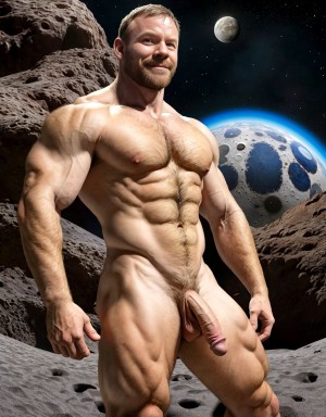 Neil Armstrong desnudo totalmente desnudo. Tiene el pecho con vello y brazos con vello. Está totalmente desnudo de pie y pisando el suelo Lunar. Está musculoso. Tiene pene grande erecto. Tiene testículos grandes. Tiene mucho vello y pelo. Foto muy realista texturas 8k. 