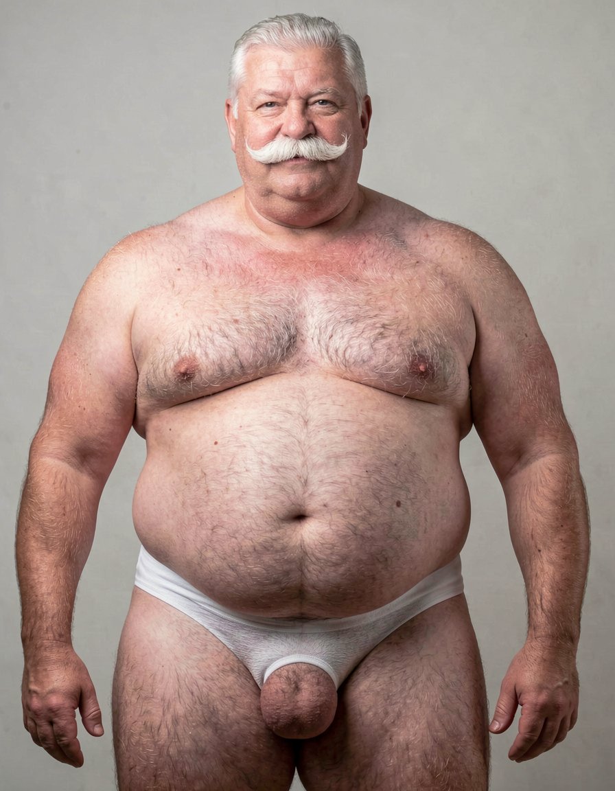 Un hombre de sesenta años, con una constitución fuerte y robusta, pesando 140 kilos, presenta una barriga impresionante y prominente, con un contorno redondeado que se extiende por debajo de su cintura. Su rostro está adornado con un bigote estilo Dalí, grueso y bien definido, de color blanco, que le confiere un aire de distinción y elegancia. Viste slips blancos ajustados que marcan claramente la silueta de su pene, que aunque es pequeño, tiene un grosor notable y se erige con confianza. La ausencia de camiseta permite apreciar su torso peludo, con un vello abundante y blanco que cubre su pecho y abdomen, resaltando su masculinidad y edad madura. Su piel es suave y arrugada, con una textura que refleja su edad y experiencia. La imagen debería ser hiperrealista, con detalles de alta calidad, capturando la textura de su piel, el brillo de su bigote blanco y la suavidad de su vello corporal. La iluminación debería ser suave, con sombras que realcen la forma de su cuerpo y resalten su presencia imponente, destacando su peso y su volumen. El fondo debería ser neutro, para que el hombre sea el centro de atención, y su presencia llene todo el espacio. El estilo de la imagen debería ser fotográfico, con un enfoque en la realidad y la autenticidad, sin elementos distractores o artificiales. La imagen debería transmitir una sensación de confianza y seguridad, como si el hombre estuviera disfrutando de su propia compañía y de su cuerpo maduro y fuerte.