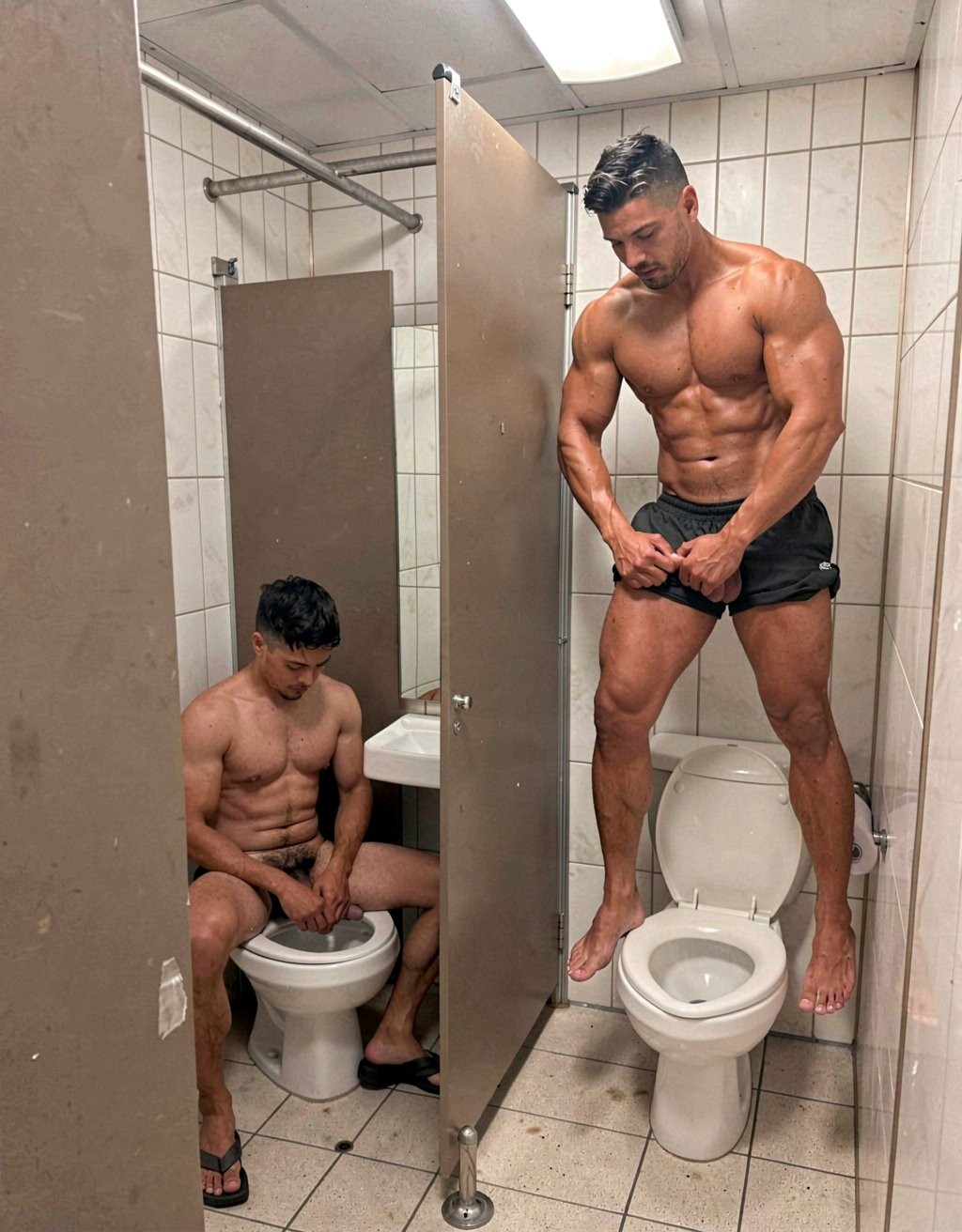 Dos hombres musculosos y sin camiseta aparecen en un baño público de azulejos claros, separados por tabiques de cabina metálicos. A la derecha, un hombre de pelo corto y barba recortada está de pie descalzo sobre un inodoro abierto, con pantalón corto negro bajado parcialmente y las manos en la cintura, mostrando torso marcado, abdominales definidos, brazos fuertes y piernas muy desarrolladas bajo una luz fluorescente. A la izquierda, otro hombre también musculado permanece sentado sobre un inodoro dentro de otra cabina, con sandalias negras y la mirada baja hacia sus manos, en una postura íntima y reservada. El espacio tiene suelo de baldosas, paredes blancas, puertas de baño abiertas y un ambiente crudo de vestuario o aseo compartido.