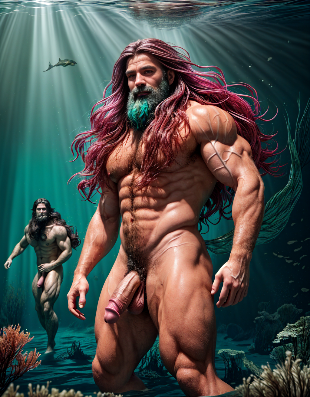 Foto hiperrealista en 8k. Dos hermosos hombres sirenas musculosos de pie muy velludos con cabello largo colorido y pene grande y testículos grandes . Nada en un bosque submarino de algas marinas, con el cabello flotando ingrávidamente detrás de él, mientras la luz del sol de la superficie se filtra y salpica el entorno.