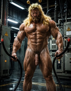 A hyper-muscular man with the appearance of a hybrid creature between human and insect poses naked in a dark industrial setting, surrounded by electrical machinery, thick cables, and panels with danger signs. He has messy blond hair, a thick beard, and two antennae with rounded tips that reinforce his appearance as a humanoid bee or wasp. His body is extremely defined, with very pronounced pecs, abs, arms, and legs, sweat-shiny skin, and visible veins. He holds two black hoses in his hands, while his penis is exposed at the center of the composition. The cold, dramatic lighting creates an atmosphere of science fiction, brute strength, and genetic transformation.