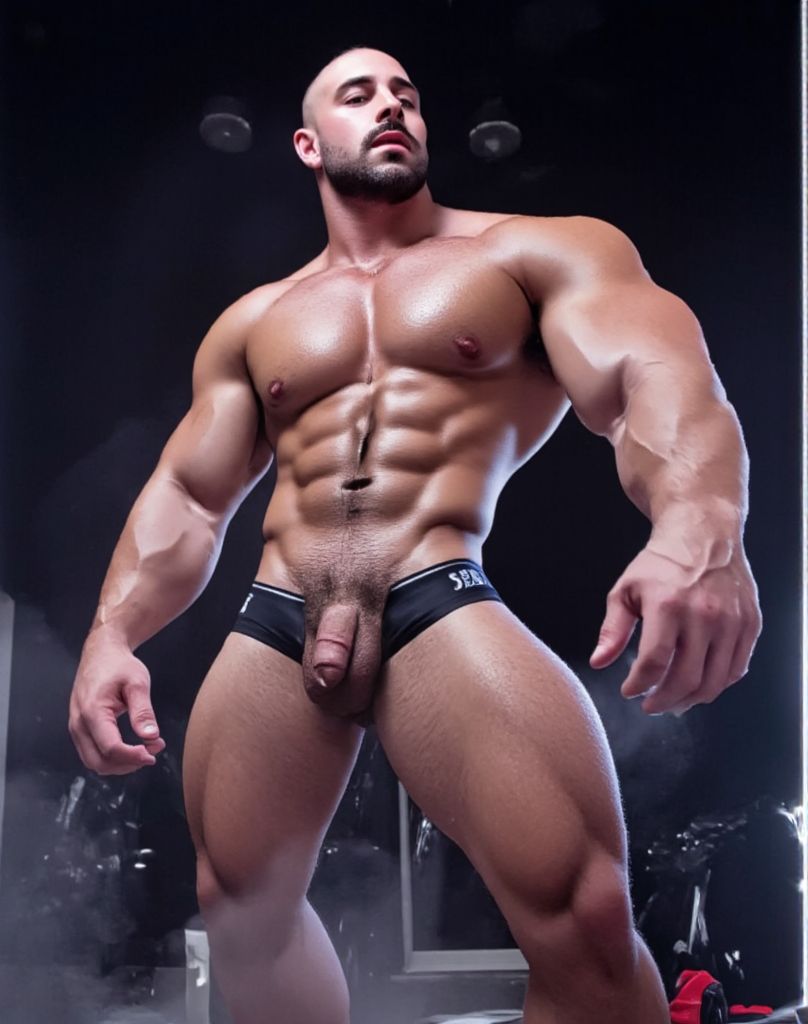 Macho hipermasculino, my musculado, calvo, con cintura muy estrecha, nos muestra su cuerpo tensándolo en el gimnasio en un receso del entrenamiento. Muestra el pene por debajo del calconcillo. 