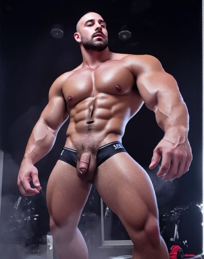 Macho hipermasculino, my musculado, calvo, con cintura muy estrecha, nos muestra su cuerpo tensándolo en el gimnasio en un receso del entrenamiento. Muestra el pene por debajo del calconcillo. 