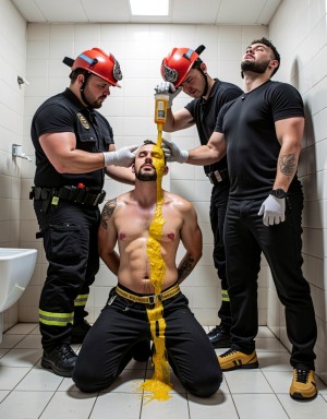 Un hombre sin camiseta permanece arrodillado en el suelo de un baño de azulejos blancos, con las manos sujetas detrás de la espalda y el torso cubierto por un chorro espeso de líquido amarillo que cae desde su cabeza hasta el suelo. A su alrededor hay tres hombres con uniforme negro, guantes blancos y botas de trabajo; dos llevan cascos rojos de bombero y manipulan una herramienta o recipiente vertical del que parece salir la sustancia, mientras el tercero, con camiseta ajustada, barba y tatuaje en el brazo, observa con la cabeza inclinada hacia arriba. La escena tiene un aire intenso y teatral, con iluminación fría de techo, lavabo lateral, suelo mojado y ambiente de vestuario, rescate o ritual de humillación escenificado.