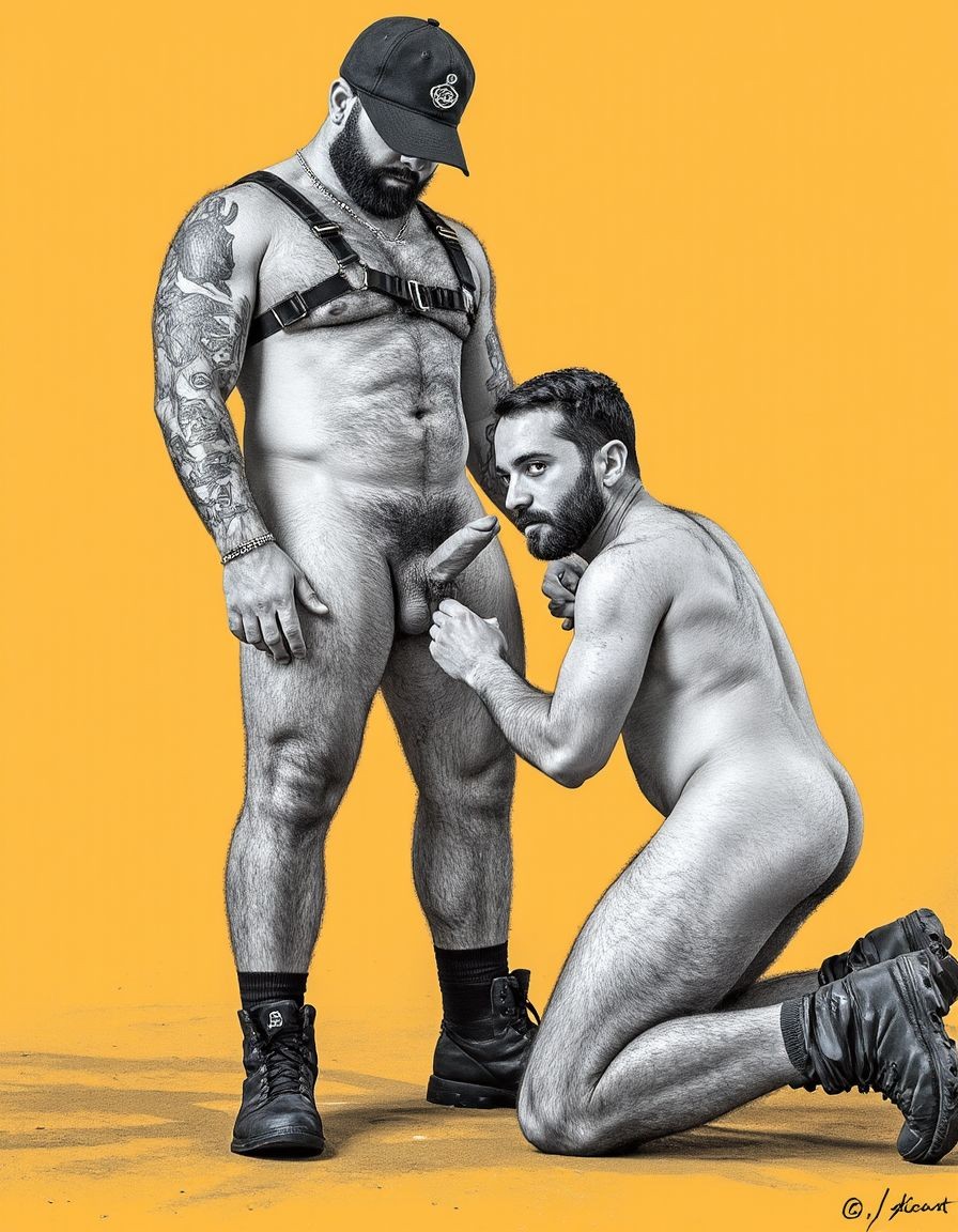 Dibujo realista. Amo barbudo tatuado e hiper masculino, muy musculoso pero muy delgado, con arnés. Tiene un gran pene eyaculando. Lleva gorra militar y unos anillos en los pezones, Un esclavo de rodillas. Respeta la forma y la proporción del cuerpo y se fiel a la forma real sin distorsiones. Fondo amarillo oscuro con los reflejos de las sombras de los cuerpos del amo y el esclavo.