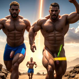 Hombre totalmente desnudo musculoso con pene grande, está corriendo junto a otro hombre totalmente desnudo con pene grande tieso y testículos grandes peludos.