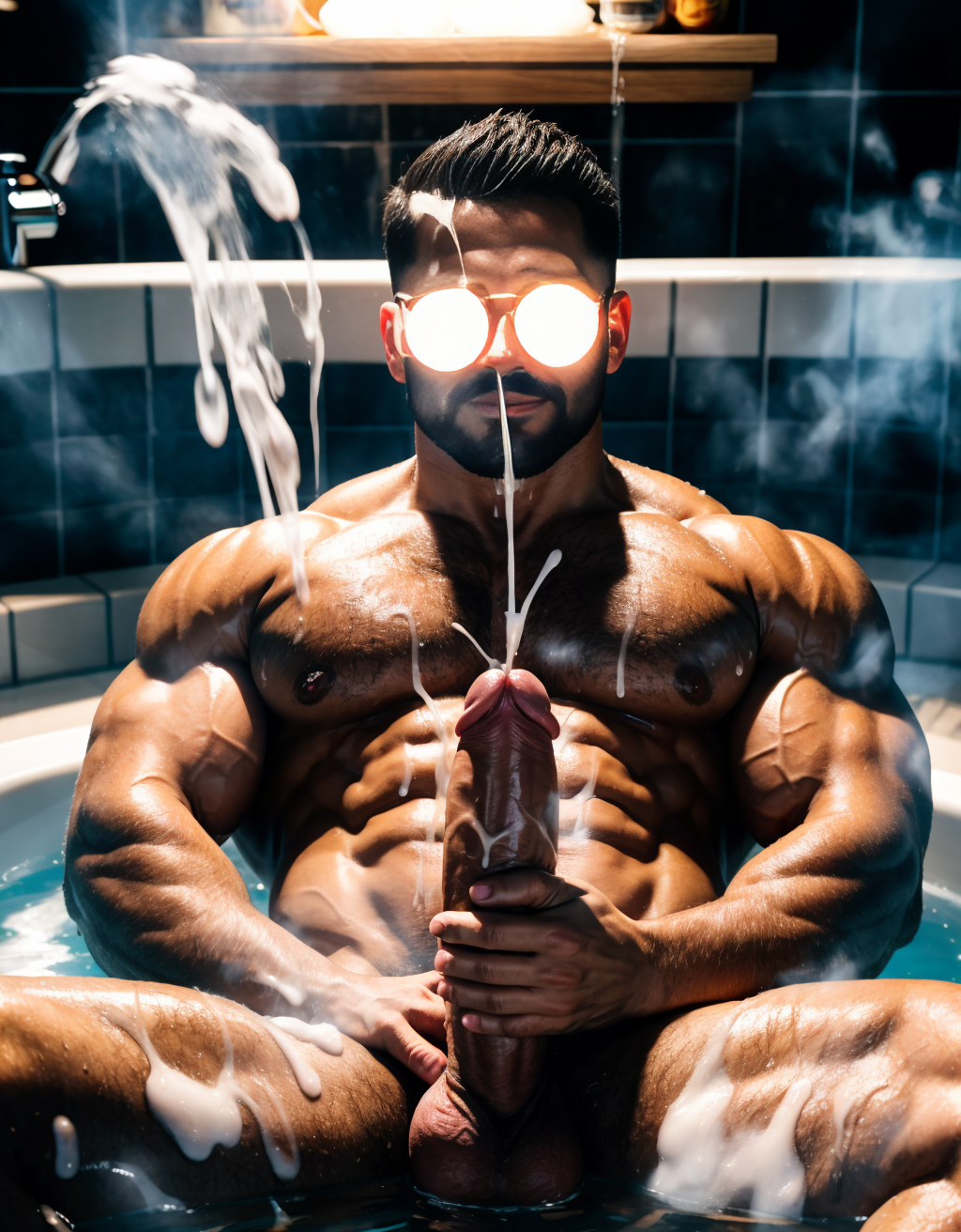Hombre musculoso. Está masturbando el pene. Tiene mucho vello. Tiene 40 años de edad. Está eyaculando. Está bañándose