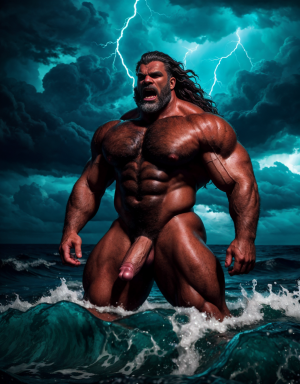 Neptuno es dios de los mares, las tempestades y los vientos. Es un dios malhumorado y violento. Está desnudo. Tiene un pene grande y largo y erecto. Tiene mucho vello. Está llamando a gritos a los monstruos del océano. 