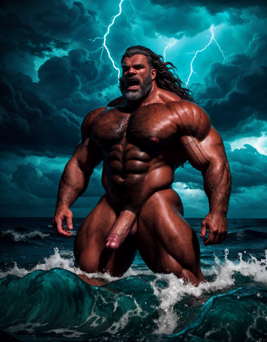 Neptuno es dios de los mares, las tempestades y los vientos. Es un dios malhumorado y violento. Está desnudo. Tiene un pene grande y largo y erecto. Tiene mucho vello. Está llamando a gritos a los monstruos del océano. 