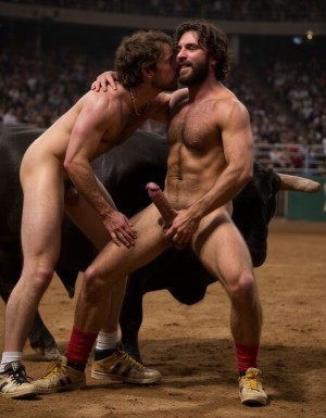Un torero español musculoso y velludo de 50 años, con torso atlético y marcado, se muestra completamente desnudo, destacando su pene de 30 cm de longitud y 5 cm de grosor, perfectamente formado y rodeado de un denso vello púbico castaño oscuro. Sus testículos, perfectamente formados, cuelgan de forma prominente. La piel bronceada y sudorosa resalta su musculatura definida, con pectorales y abdominales bien marcados y sin grasa. El cabello largo y castaño oscuro está despeinado y sudoroso, con gotas de sudor resbalando por su frente y mejillas. Una barba incipiente y un vello corporal denso que se extiende por su pecho, piernas y brazos completan su apariencia viril. Lleva zapatillas doradas en sus pies.

A su lado, un hombre musculoso y velludo de 30 años, completamente desnudo, muestra un pene de 30 cm de longitud y 7 cm de grosor, hermoso y perfecto, rodeado de un denso vello púbico pelirrojo. Su piel bronceada y sudorosa muestra una musculatura definida, con pectorales y abdominales muy marcados. Tiene cabello pelirrojo despeinado y sudoroso. Tiene una barba pelirroja densa pero bien recortada. El vello corporal pelirrojo denso cubre su pecho, y tiene mucho vello pelirrojo en sus piernas y brazos, lo que realza su apariencia masculina y atlética. Están en la plaza de toros con un toro salvaje. Se aman

Ambos hombres se encuentran en una plaza de toros, con sombras que resaltan su musculatura y vello corporal, creando un ambiente sensual y cargado de tensión. Están en pleno acto de pasión, con sus penes erectos y testículos prominentes ,destacando su musculatura, vello corporal y atributos viriles en una imagen impactante y llena de energía. La escena está llena de sensualidad y poder, con los dos hombres como protagonistas, en un ambiente cargado de pasión y erotismo. La imagen es híper realista, con detalles de alta calidad, y muestra la unión de los dos hombres en un acto de pasión y dominio, con sus cuerpos musculosos y velludos completamente desnudos y visibles, mostrando su excitación y pasión en cada detalle. Tienen sus penes erectos. Están totalmente desnudos. Tienen un pene de 40 cm de longitud y 7 cm de diámetro. Son felices y sonríen. Amor. Se abrazan por la cintura con fuerza y pasión, están muy juntos. Sexo fuerte. Están abrazados y besándose en la boca con lengua.  Están muy juntos apretándose el uno con el otro. Te quiero ❤️. Uno está detrás del otro abrazándole la cintura por la espalda. Se besan apasionadamente. Juntan sus penes erectos a la vista del espectador. Por sus penes erectos. 