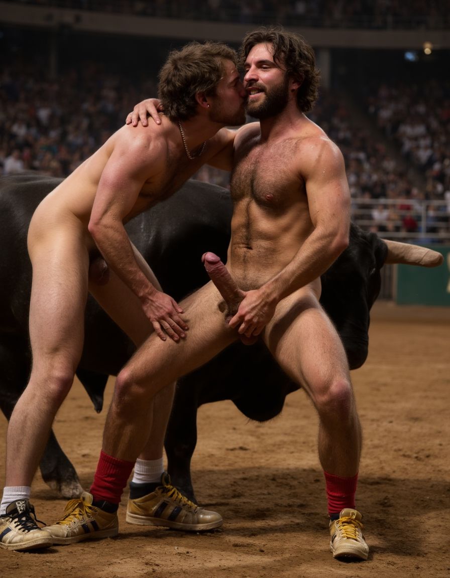Un torero español musculoso y velludo de 50 años, con torso atlético y marcado, se muestra completamente desnudo, destacando su pene de 30 cm de longitud y 5 cm de grosor, perfectamente formado y rodeado de un denso vello púbico castaño oscuro. Sus testículos, perfectamente formados, cuelgan de forma prominente. La piel bronceada y sudorosa resalta su musculatura definida, con pectorales y abdominales bien marcados y sin grasa. El cabello largo y castaño oscuro está despeinado y sudoroso, con gotas de sudor resbalando por su frente y mejillas. Una barba incipiente y un vello corporal denso que se extiende por su pecho, piernas y brazos completan su apariencia viril. Lleva zapatillas doradas en sus pies.

A su lado, un hombre musculoso y velludo de 30 años, completamente desnudo, muestra un pene de 30 cm de longitud y 7 cm de grosor, hermoso y perfecto, rodeado de un denso vello púbico pelirrojo. Su piel bronceada y sudorosa muestra una musculatura definida, con pectorales y abdominales muy marcados. Tiene cabello pelirrojo despeinado y sudoroso. Tiene una barba pelirroja densa pero bien recortada. El vello corporal pelirrojo denso cubre su pecho, y tiene mucho vello pelirrojo en sus piernas y brazos, lo que realza su apariencia masculina y atlética. Están en la plaza de toros con un toro salvaje. Se aman

Ambos hombres se encuentran en una plaza de toros, con sombras que resaltan su musculatura y vello corporal, creando un ambiente sensual y cargado de tensión. Están en pleno acto de pasión, con sus penes erectos y testículos prominentes ,destacando su musculatura, vello corporal y atributos viriles en una imagen impactante y llena de energía. La escena está llena de sensualidad y poder, con los dos hombres como protagonistas, en un ambiente cargado de pasión y erotismo. La imagen es híper realista, con detalles de alta calidad, y muestra la unión de los dos hombres en un acto de pasión y dominio, con sus cuerpos musculosos y velludos completamente desnudos y visibles, mostrando su excitación y pasión en cada detalle. Tienen sus penes erectos. Están totalmente desnudos. Tienen un pene de 40 cm de longitud y 7 cm de diámetro. Son felices y sonríen. Amor. Se abrazan por la cintura con fuerza y pasión, están muy juntos. Sexo fuerte. Están abrazados y besándose en la boca con lengua.  Están muy juntos apretándose el uno con el otro. Te quiero ❤️. Uno está detrás del otro abrazándole la cintura por la espalda. Se besan apasionadamente. Juntan sus penes erectos a la vista del espectador. Por sus penes erectos. 