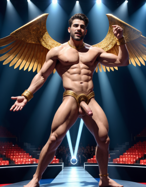Hermes es el dios de los mensajeros, el comercio, los ladrones, y los viajeros. Tiene sandalias. Tiene pene grande y largo. Tiene testículos muy grandes. Está acariciando su pene con la mano izquierda. Está cantando en eurovisión, está rodeado de bailarines desnudos y apasionados