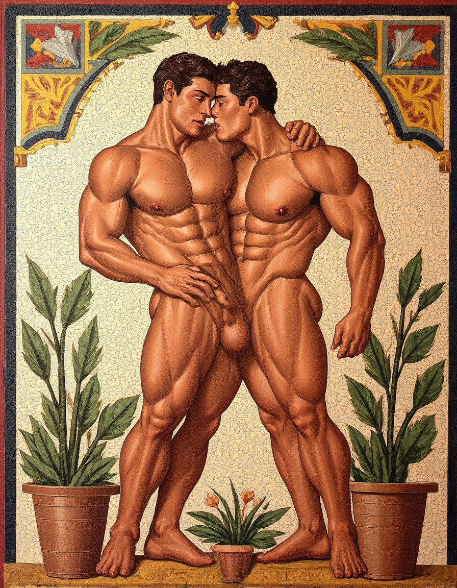 Un mosaico griego con vivos colores, una escena clásica costumbristas, aparecen dos hombres musculosos, uno más joven y otro más maduro,  que se abrazan y besan con lengua, están totalmente desnudos y muestran sus penes erectos visibles. El fondo es vegetal y geométrico