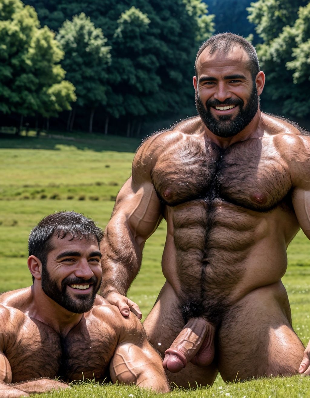 Dos hombres desnudos musculosos velludos están son pastores de ovejas en el prado verde. Están contentos y alegres. Tienen el pene grande de donde sale mucho semen líquido blanco. Tienen los testículos grandes y peludos.